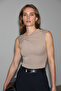 Orilenna Women's Front Knot Detailed Bodycon Zero Sleeve Slim Fit Beige Blouse - 3