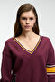 Divine Women's V-Neck Embroidery and Patch Detailed Burgundy Sweatshirt - 5