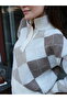 Una Fiaba Ecru Soft Textured Diamond Pattern Women's Knitwear Polo Neck Sweater