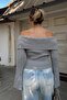 Gray Spanish Sleeve Degaje Collar Zippered Knitted Women's Knitwear Crop Sweater - 5