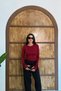 Bordo – Women's Crew Neck Blouse with Rose Accessories and Finger Loops - 7