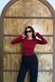 Bordo – Women's Crew Neck Blouse with Rose Accessories and Finger Loops - 5