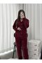 Burgundy Buttoned Fleece Pajama Set with Star Pattern and Underwear - 5