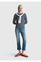 Women's Navy Blue 100% Cotton Striped Logo Boat Neck Three Quarter Sleeve T-Shirt - 5
