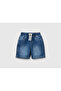 Boy's Dark Denim Side Pocket Logo Embroidered Drawstring Denim Bermuda Shorts