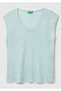 Women's Aqua Green 100% Linen Relax Fit Round Neck T-Shirt with Side Slits - 2