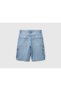 Boy's Light Denim Logo Embroidered Denim Bermuda Shorts with Large Side Pocket Detail - 2