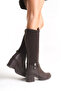 Bitter Brown Leather Look Stretchy Back Flexible Thick High Heels Buckle Detailed Zippered Long Boots - 7