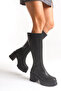 Women's Black Thick Sole Round Toe Platform Heeled Leather Look Zippered Long Boots - 3