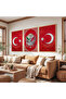 Wooden Framed Red Background White Patterned Ottoman Tughra Triple Wooden Painting Set - 4