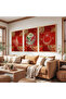 Wooden Framed Red Background Gold Patterned Ottoman Tuğra Triple Wooden Painting Set - 4