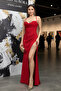 Back Corset Deep Left Slit Degajeli Satin Strap Long Evening Dress