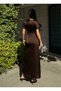 WOMEN'S COFFEE V-NECK Pleated SATIN MIDI DRESS - 5