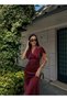 Women's Burgundy V-Neck Pleated Satin Midi Dress - 3