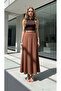 Brown Wrinkled Flared Women's Long Skirt