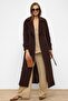 Epaulette Detailed Double Breasted Long Length Coat Brown 3056 - 2