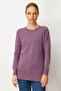 Women's Crew Neck Seamless Side Buttoned Glitter Sweater Purple