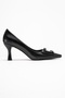 Astra Black Striped Buckle Women's Heeled Shoes - 6