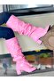 Pusi Pink Patent Leather 5 cm Heel Ruffled Below-The-Knee Boots - 6