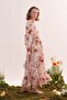 Women's Chiffon Ruffle Dress Glittering Orange Floral Pattern Ecru - 5