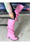 Pusi Pink Patent Leather 5 cm Heel Ruffled Below-The-Knee Boots - 3