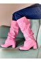 Pusi Pink Patent Leather 5 cm Heel Ruffled Below-The-Knee Boots - 2