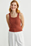 Hair Braid Square Neck Knitwear Tank Top - Tan - 3