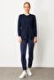 Women's Crew Neck Long Striped Cardigan Dark Blue - 4
