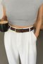 Women's Faux Leather Belt Gold Oval Buckle Brown - 2