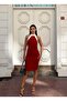 Crepe Stretch Fabric Turtleneck Garnished Evening Dress 583318 Red