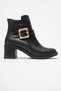 Women's Large Gold Buckle Heeled Boots Black Skin - 2