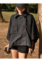 Black Batwing Sleeve Detail Collared Buttoned Comfortable Fit Oversized Midi Length Trench Coat - 3