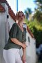 Khaki V-Neck 3/4 Sleeve Slim Back Long Crop Fit Knitwear Blouse 50 60 - 5
