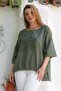 Organic Cotton Khaki Pool Collar 3/4 Sleeve Mesh Detailed Appliqued Long Back Oversize Woven Blouse 70 68 - 4