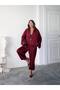 Women's New Season Burgundy Satin Bomber Jacket and Baggy Pantalon Bottom Top Set - 4