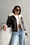 Laminated Leather Zippered Coat - Brown Cream | |   F1511