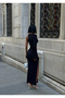 Long Black Dress with One Sleeve Slit Detail - 5