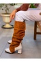 Pusi Taba Dana Suede White Leather Detail 5 cm Heel Rubber Sole Ankle Boots