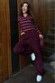 Burgundy Striped Polo Neck Buttoned Women's Sweater Mg2561 - 7