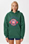 Hooded Printed Oversize Ribbed Knitted Sweatshirt Lqb0001 Emerald Green - 3