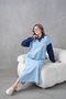 Women's Sleeves Denim Front Glass Pearl and Sequin Embroidered Wide Fit Long Knitwear Dress - 7