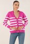 Women's Pink Striped V-Neck Relaxed Fit Knitwear Cardigan Hzl25W-Bd1102151 - 6