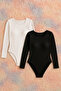 Women's Cotton Long Sleeve Wide Neck White-Black 2-Piece Snap-On Bodysuit