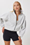 Zippered Ribbed Knitted Sweatshirt Lzv0029 Gray Melange - 2