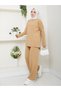 Women's Hijab Top and Bottom Set Ribbed Stand Collar Sleeves Button Detail Knitwear Set Camel - 4