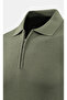 Men's Zippered Polo Neck Green Sweater Knitwear Embossed Knit Solid Color Classic Fit - 5240F - 6