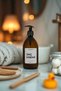 Bathroom Organizer Set with Wooden Stand White Marble Tray Candle Natural White Conditioner Bottle - 8