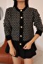 Women's Black Gray Crew Neck Gold Button Detailed Patterned Knitwear Cardigan - 7