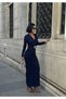 Women's New Season V-Neck Stretch Fabric Fabric Gold Belt Detailed Long Dress - 4