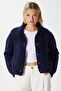 Women's Lean Soft Texture Polo Neck Navy Blue Basic Knitwear Cardigan Hi00179